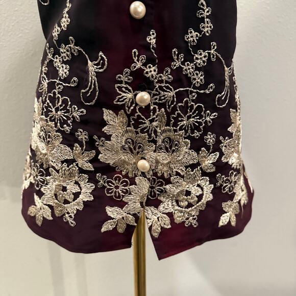 Vintage Cindy Collins Embroidered Vest Burgundy Black Floral Pearl Buttons M - Picture 4 of 8